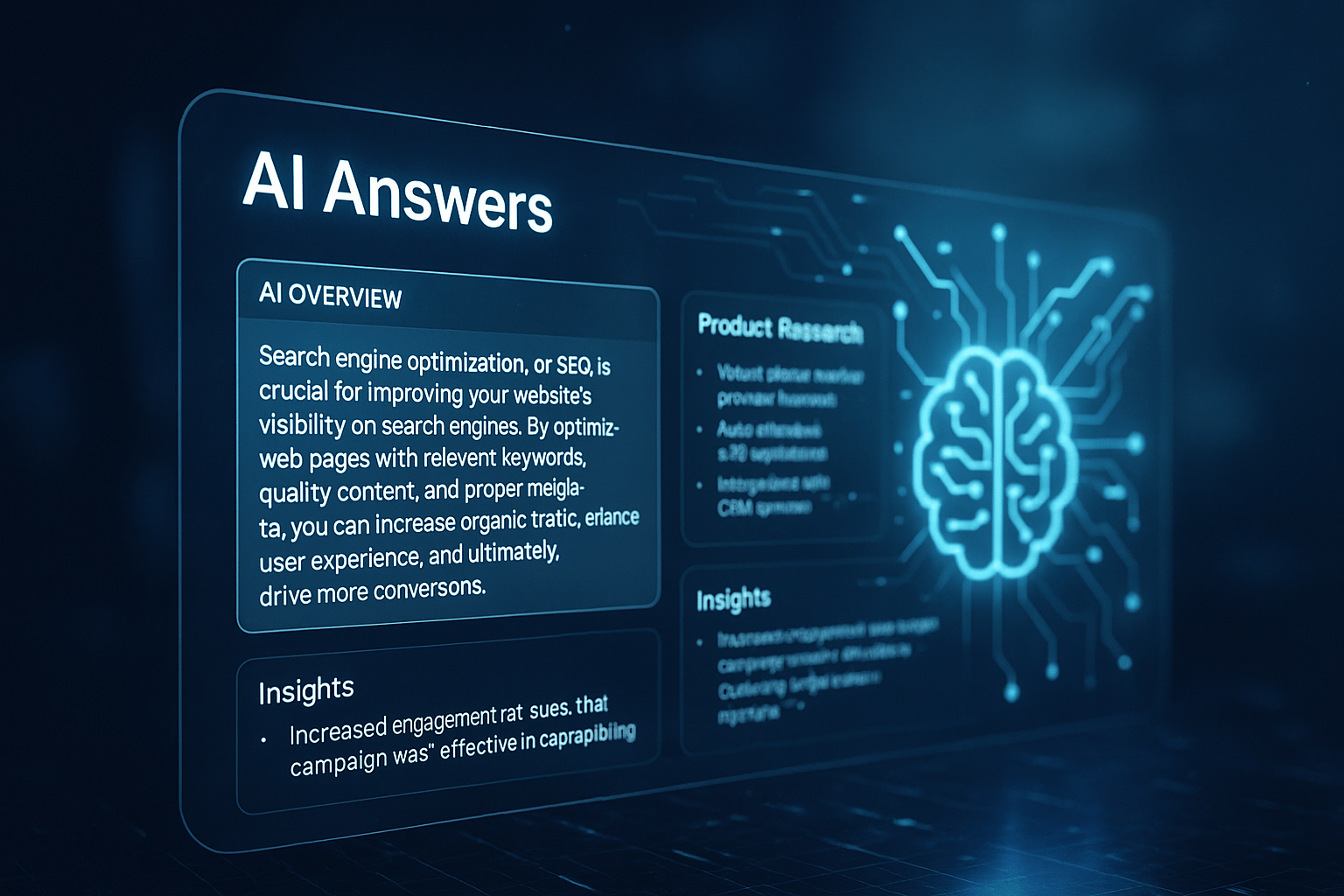 A futuristic interface showing AI-generated answers and insights.