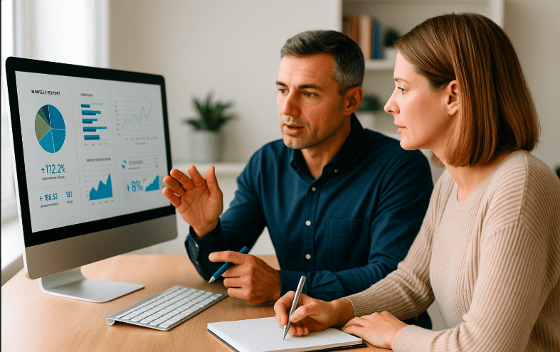 A single expert guiding a client through complex data.